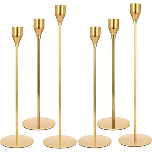 Gold Taper Candle Holders Set of 6,Metal Candlestick Holders for Table or Mantel - Picture 1 of 7